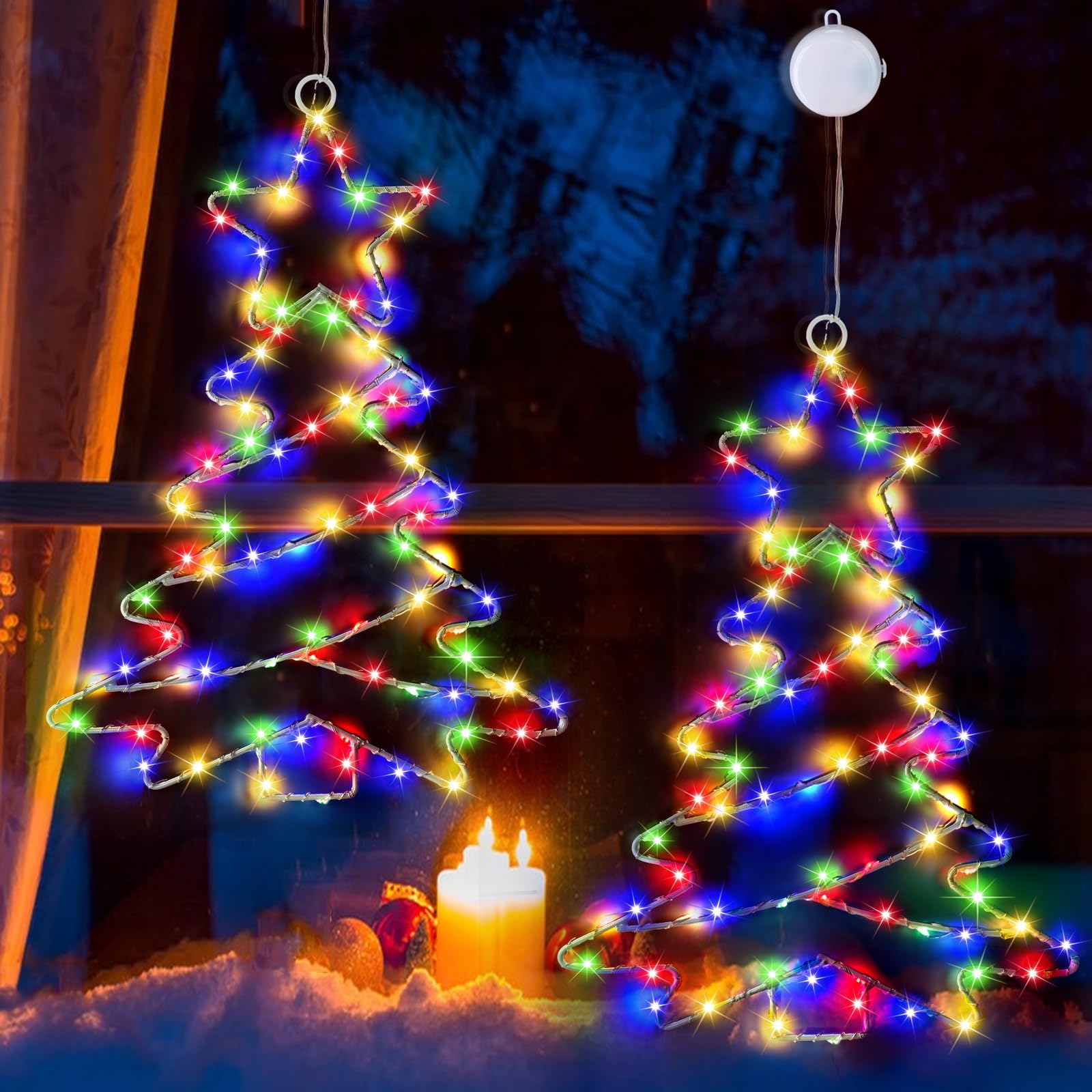 Photo 1 of 2Pcs Christmas Window Lights, Battery Powered Christmas Tree Lights Metal Framed Hanging Christmas Window Decorations with Suction Cup &Timer for Xmas,New Year,Indoor Fireplace Outdoor Décor