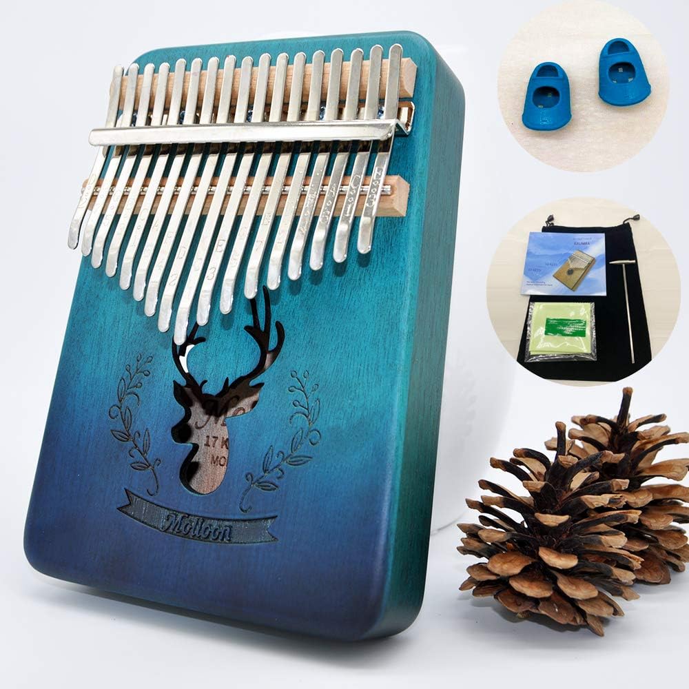 Molioon Kalimba 17 Keys Thumb Piano Figer Piano Mbira Keyboard Music Instrument with Bag, Tune Hammer, Learning Instruction and Stickers， Gift for Kids Adults Beginners Professional