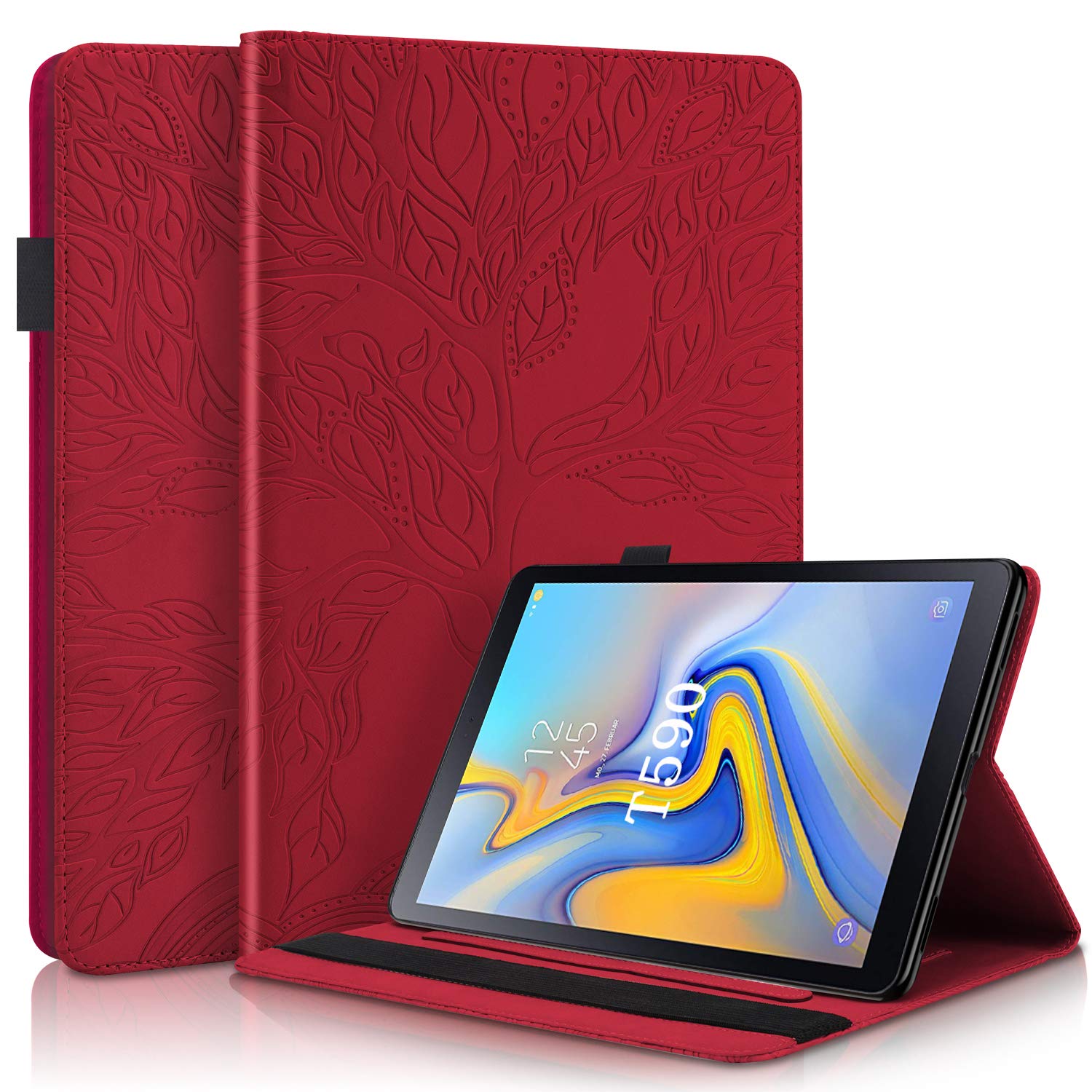 CaseFun Case for Samsung Galaxy Tab A 10,5 2018 SM-T590/SM-T595 Slim PU Leather Tree of Life Flip Wallet Stand Cover Anti Slip with Pencil Holder Card Holder, Red