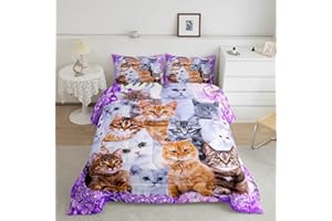 Feelyou Cute Cat Bedding Full Size Comforter Set Toddler Bedding Set for Kids Boys Girls Lovers Purple Duvet Set Feline Animal Lovely Decor Warmth Quilt Set with 2 Pillowcases 3Pcs