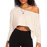 Off The Shoulder Crop Tops for Women Long Sleeve Crop Top Oversized Workout Boat Neck Summer Loose Casual T Shirt