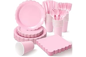 Vyntra 350 PCS Pink Party Plates and Napkins Set with Cups, Forks, Spoons, Knives | Large Disposable Paper Tableware for Birt