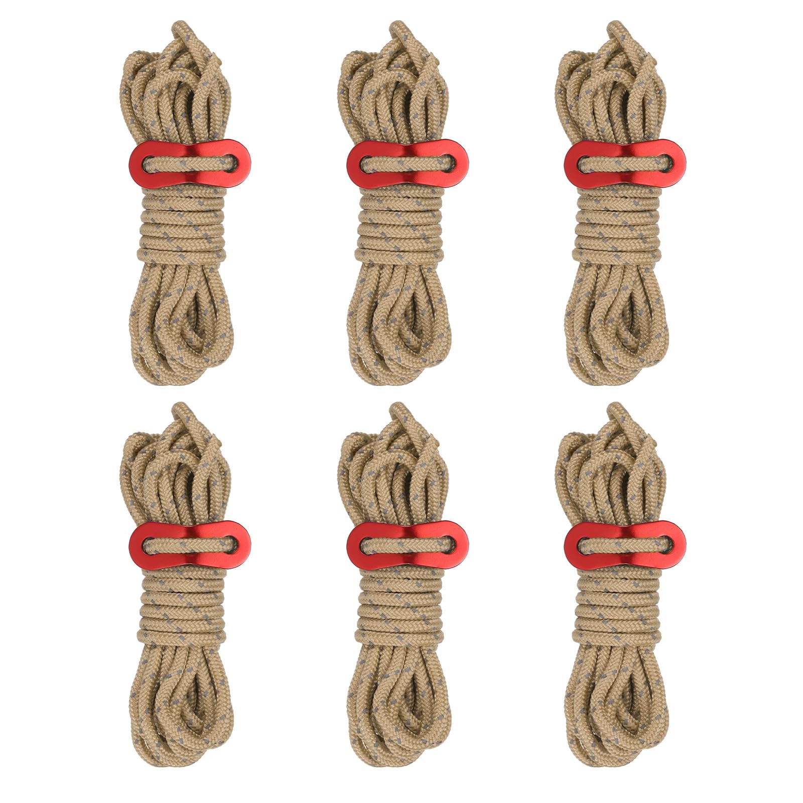 PATIKIL 4mm Tent Rope, 6 Pack 13ft Reflective Guyline Cord Tied Downs Rope Paracord Cord Camping Ropes with Red Aluminum Cord Adjusters for Camping Hiking Tent, Tan