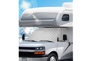 VANNCAMP RV Windshield Cover for Chevy Motorhome 2001-2020, Front Window Sunshade Cover, Class C RV Windshield Cover for UV Protection & Privacy Shield, White with Mirror Cutouts