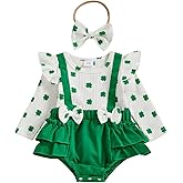 Lamuusaa Newborn Baby Girl St. Patricks Day Outfit Long Sleeve Four Leaf Clover Romper Ruffle Bodysuit Headband 0-18M