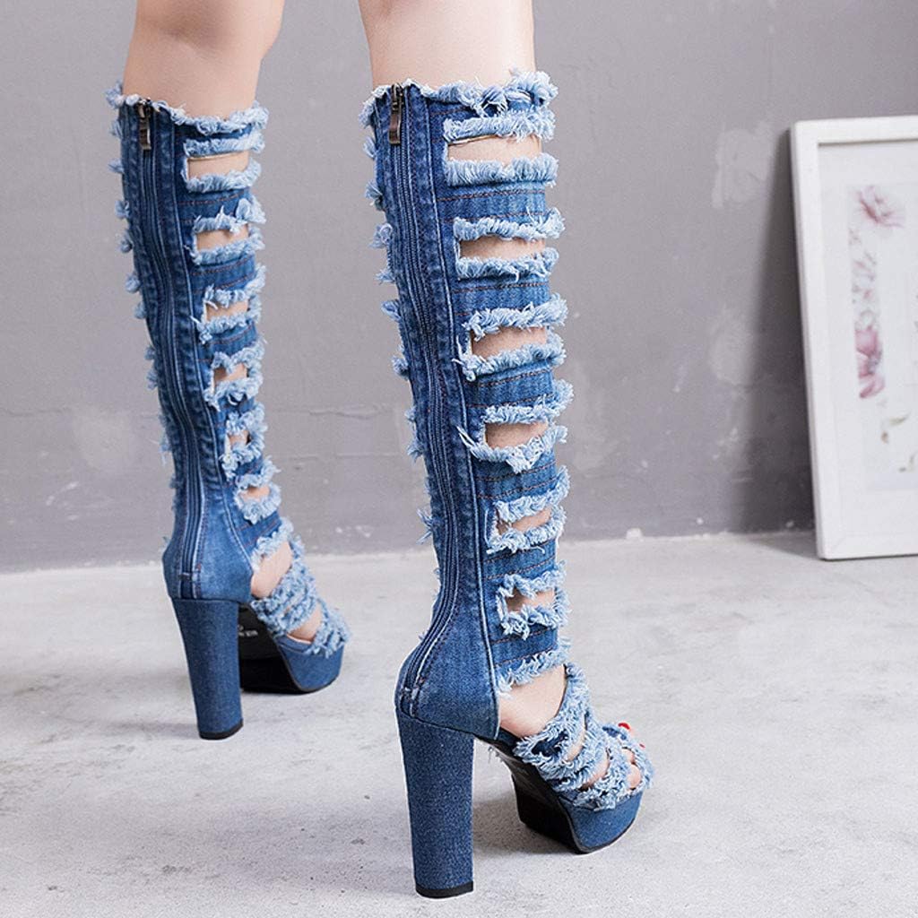 blue jean over the knee boots