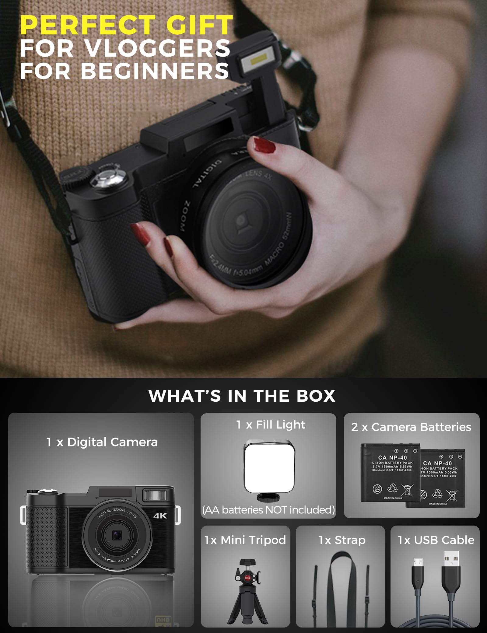 Digital Camera 4K 48MP Camera for Photography with Flip Screen Autofocus Vlogging Camera for YouTube with Selfie Light, Mini Tripod Accessories, Two Batteries