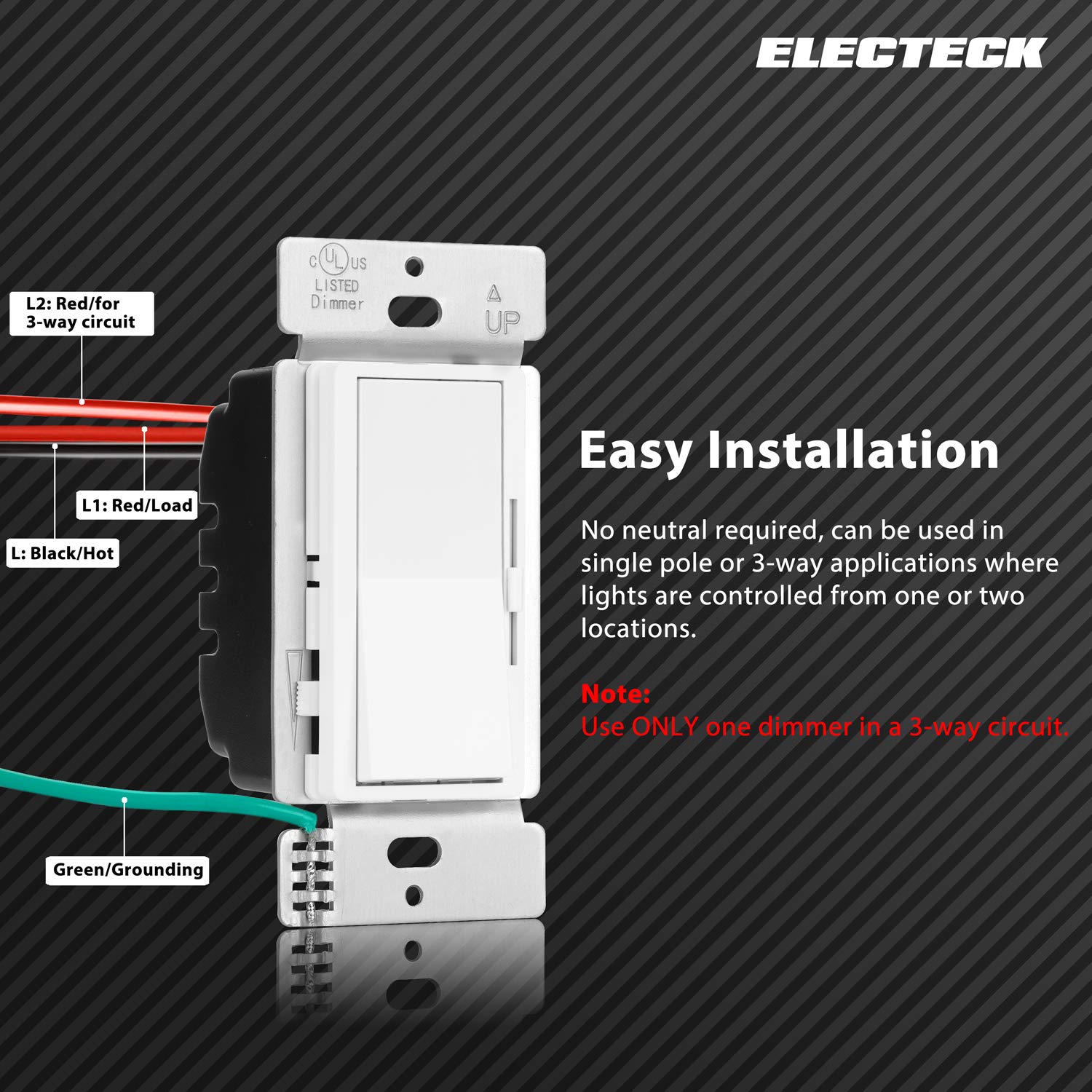 10 Pack - ELECTECK Single Pole/3 Way Dimmer Light Switch for Dimmable LED/Halogen/Incandescent Bulbs, Universal Lighting Control, Screwless Wallplate, UL Listed, White: Industrial & Scientific