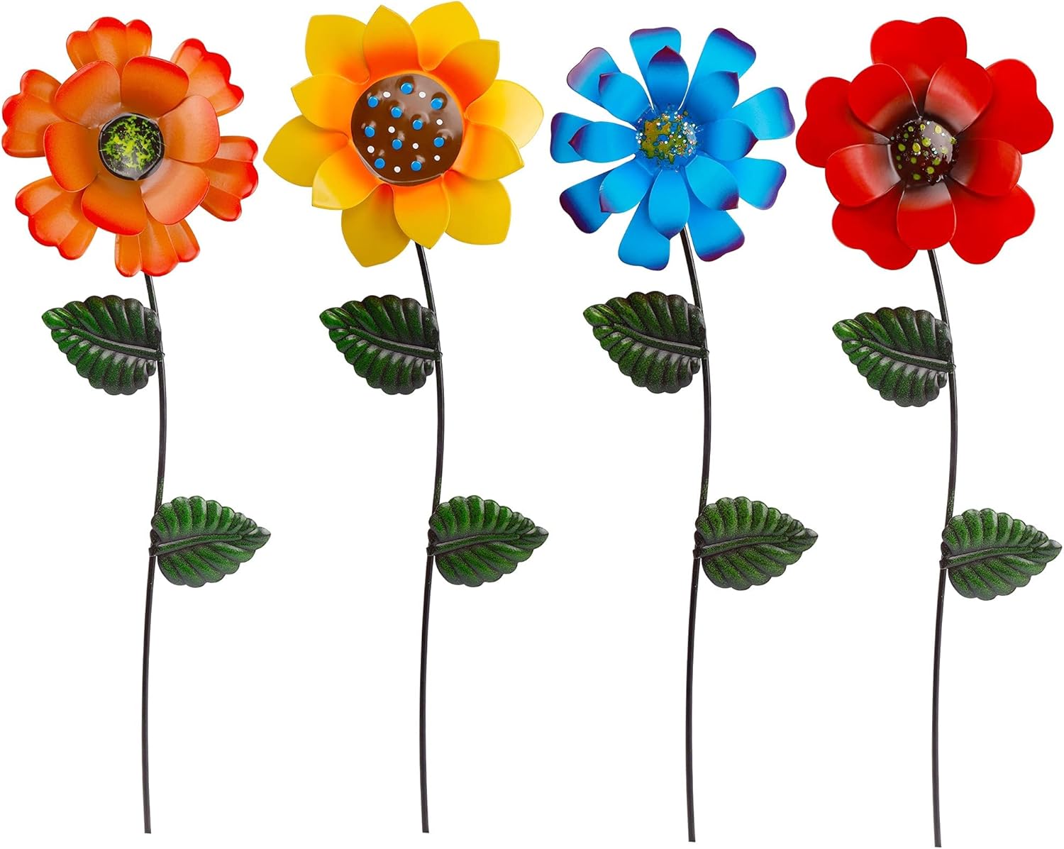 Decorative Garden Stakes - Juegoal 4 Pack Flower Garden Stakes Decor, Outdoor Metal Colorful Sunflowers Daisy Shaking Head Yard Art, Rust Proof Metal Flower Stick, Indoor Outdoor Pathway Patio Lawn Decorations