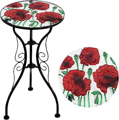 GEEZY Mosaic Garden Table - Poppies Design, 30.5cm Weatherproof Iron