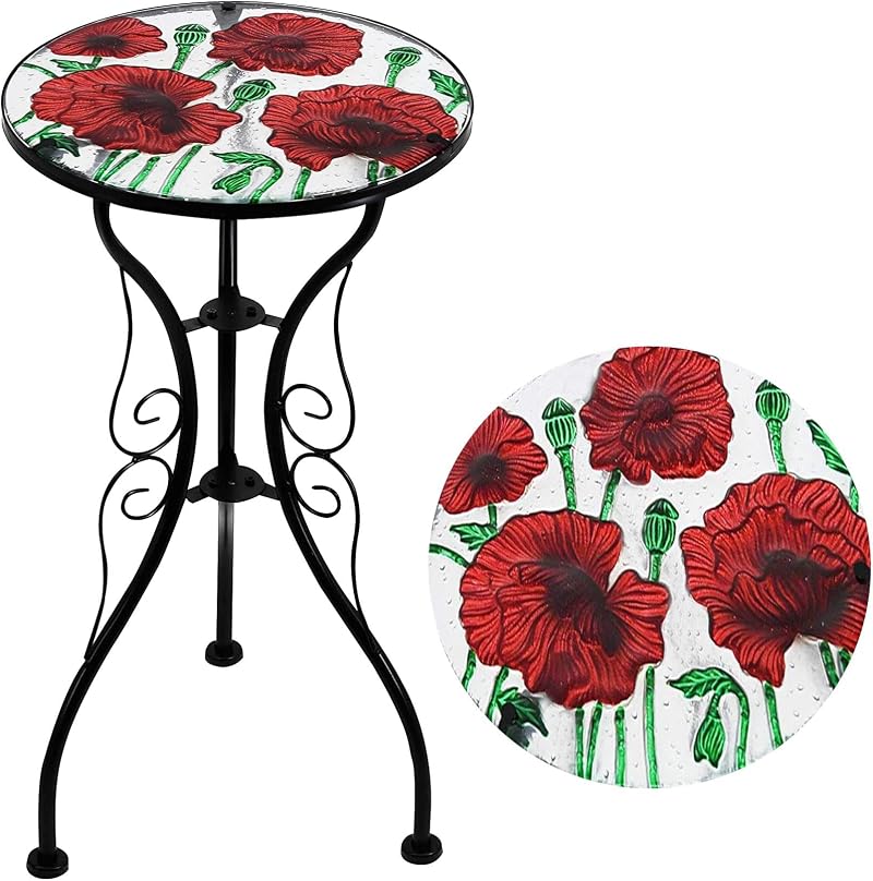 GEEZY Mosaic Garden Table - Poppies Design, 30.5cm Weatherproof Iron