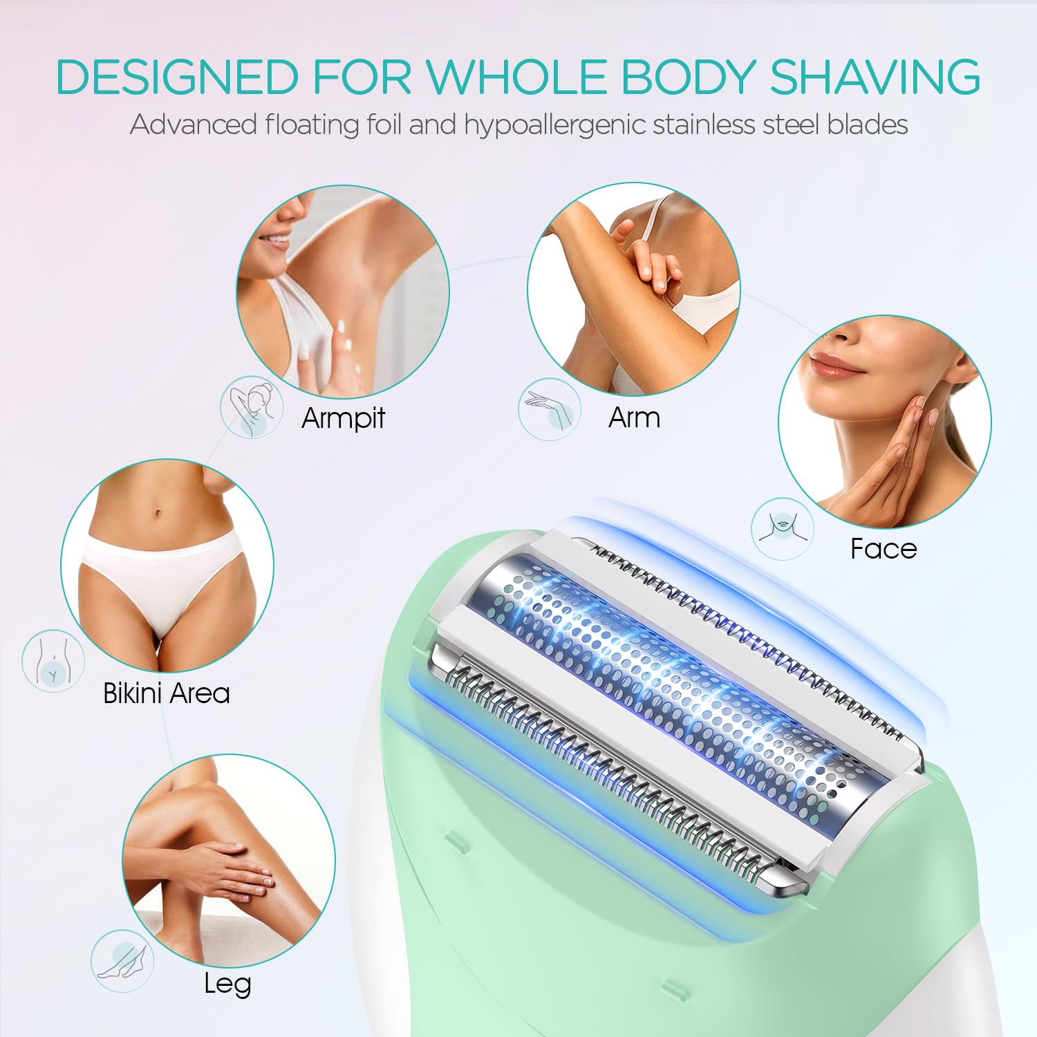 Epilator for Women-Cordless Epilators Hair Removal for Women, 4-in-1 Electric Razor Hair Remover, 2 Speeds & 21 Tweezers for Face Legs Arms Armpit Bikini, Green HR310