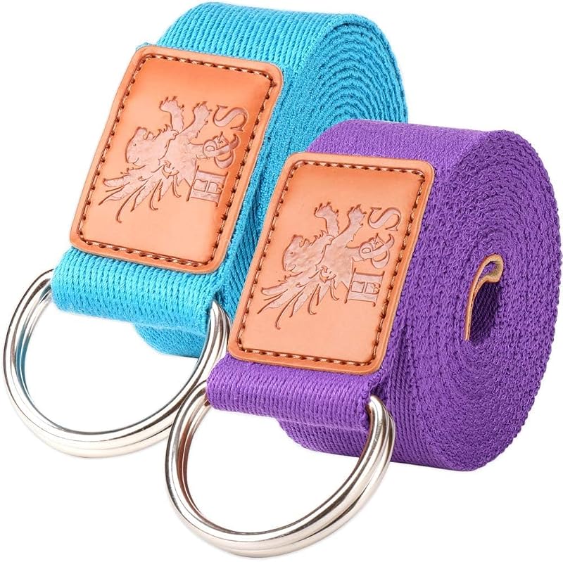 H&S Yoga Straps 1.85m & 2.45m Set Cotton Belt Adjustable Blue