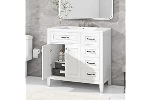 P PURLOVE 36" Bathroom Vanity with Sink, Bathroom Storage Cabinet with Doors and Drawers, Modern White Bathroom Cabinet Basin Vessel Sink Set for Bathroom,White