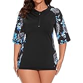 LURANEE Women Plus Sun Swim Shirt Swimwear Loose Fit Short Sleeve UPF 50+ Sun Protection Zip Rash Guard