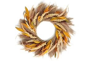TIVMIK Fall Wreath 22-24inch Autumn Door Wreath with Yellow Leaves, Light Brown Reeds,Beige Wheat Ears for Farmhouse Indoor Outdoor Window Wall Thanksgiving Decor