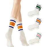 Yawlsow 3 Pairs Pilates Grip Socks for Women Yoga Grippy Striped Retro Crew Socks Non Slip Sticky Barre Sock with Grippers
