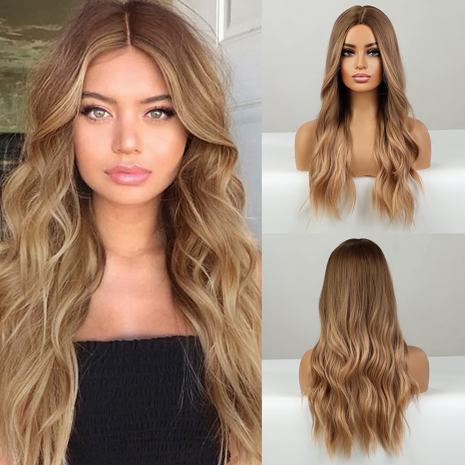 HAIRCUBE Long Blonde Wig for Women Natural Synthetic Wig Wavy Curly Hair Middle Part Ombre Wigs Party Daily Use, 66.04 cm (1er Pack)