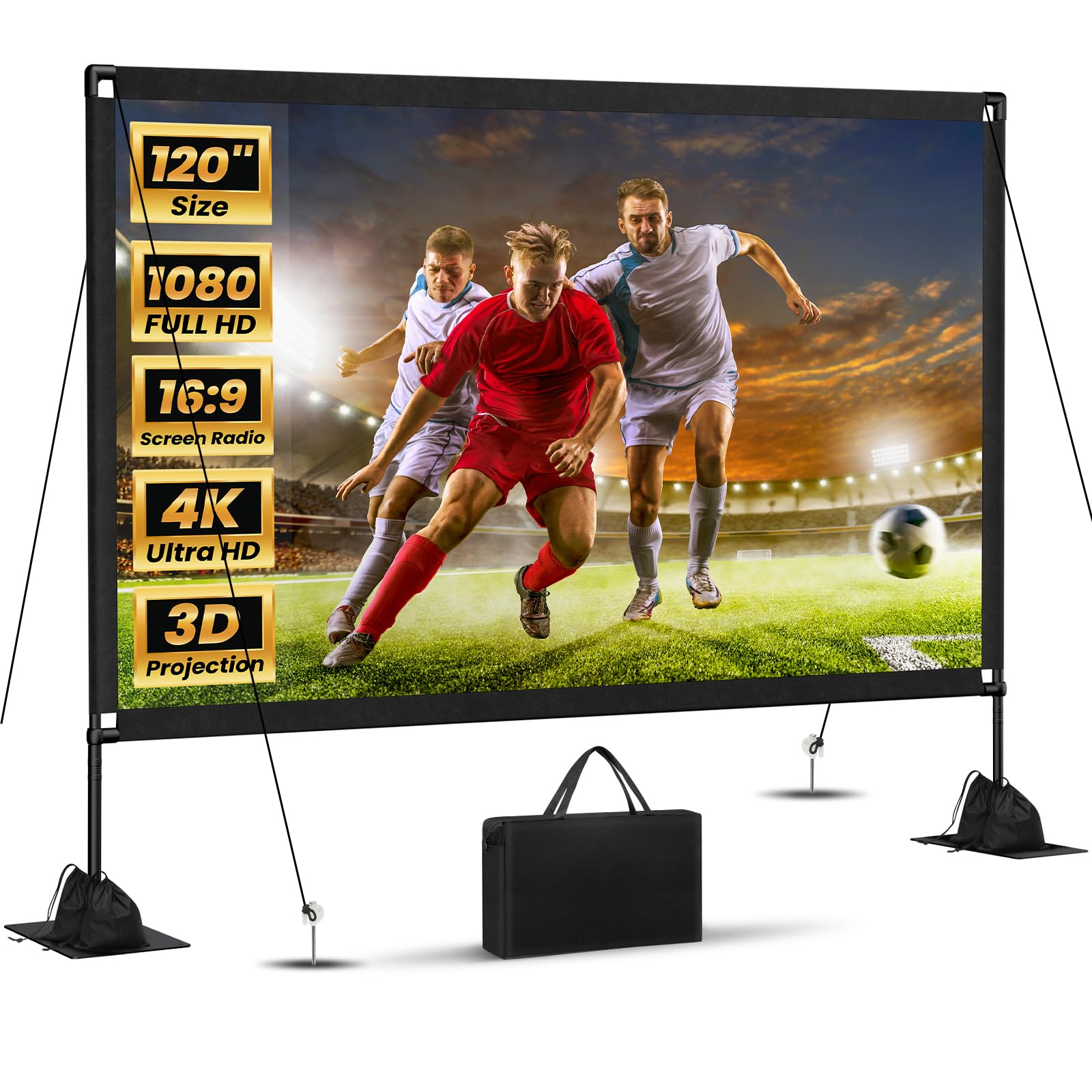 Photo 1 of 120inch Outdoor Projector Screen with Stand: 16:9 4K HD Portable Projector Screen Outdoor Indoor - Front/Rear Movie Screen with Carry Bag, Sandbag - Projection Screen for Backyard, Camping, Theater