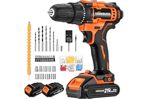 WorkBless WORKBLESS 21V Power Drill Set, Cordless Drill with 2 Batteries and Charger, 3/8'' Keyless Chuck, Variable Speed, 18