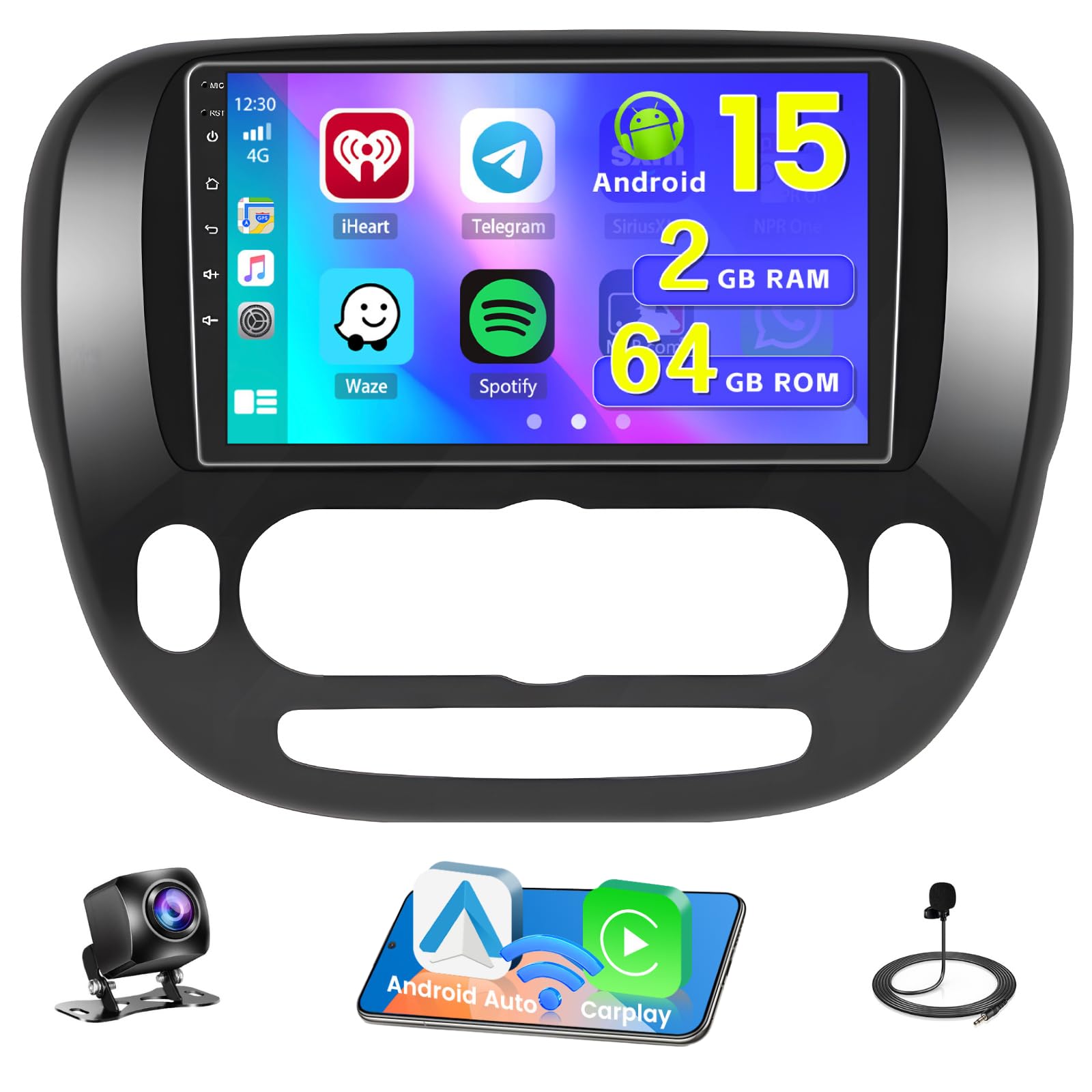 Photo 1 of [4Core 64G] Android 15 Car Stereo for 2014 2015 2016 2017 Kia Soul(Manual A/C), Hikity 9'' Touchscreen Car Radio Wireless CarPlay Android Auto GPS 5GWiFi Bluetooth SWC FM/EQ Mirror Link Backup Cam+MIC