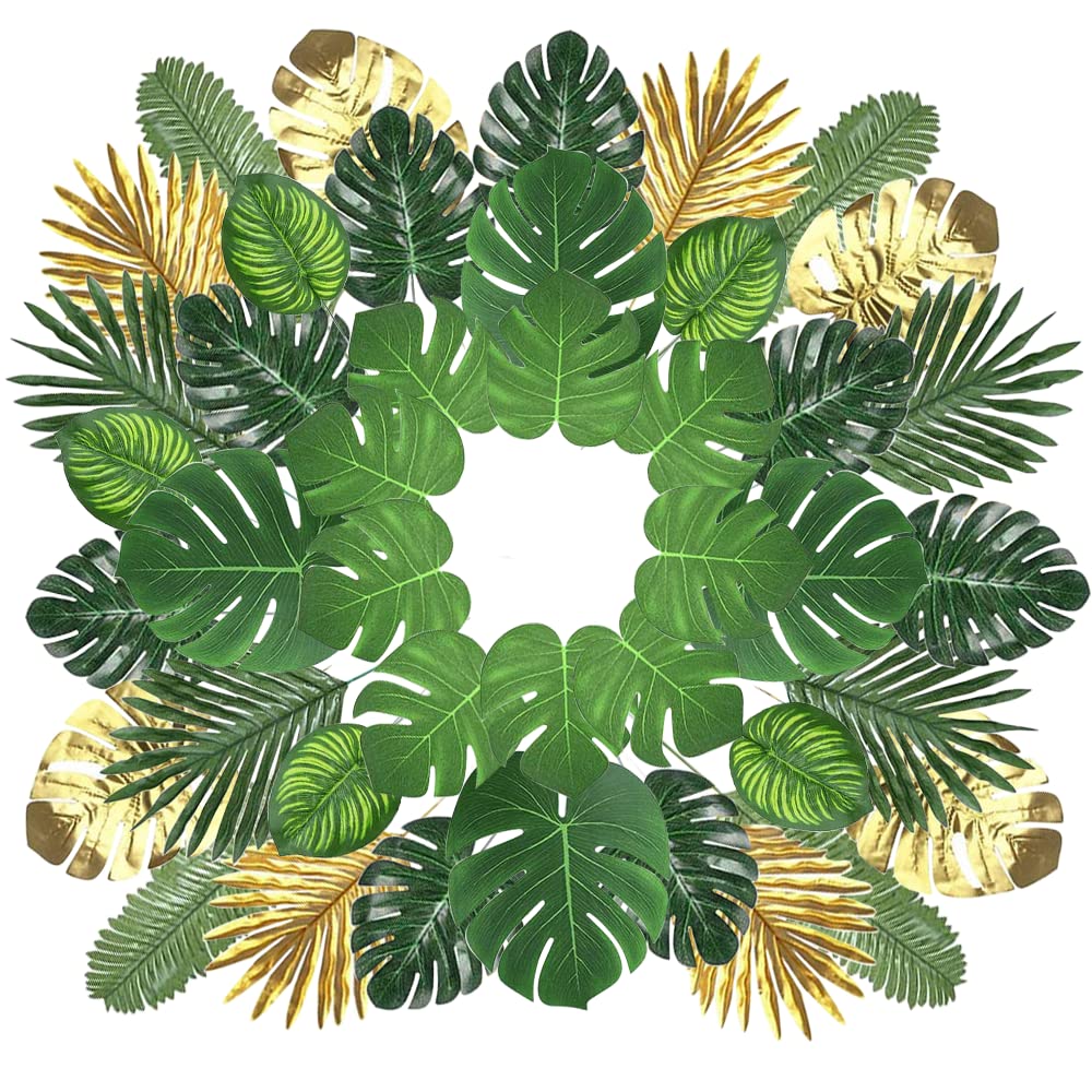 Artificial Palm Leaves, 102 Pieces Palm Leaves Decoration, Tropical Plant Artificial Leaves Palm Leaves Monster Leaves Palm Plant Leaves for Hawaiian Luau Jungle Beach Theme Table Decoration