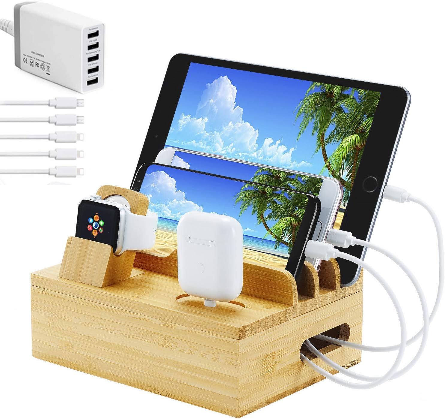 Fashionable Bamboo Charging Station for Apple Watch, AirPods Series,6 in 1 Wooden Docking Station for Multiple Device.