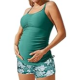 Maacie Maternity Athletic Tankini Swimsuits Two Piece Floral Print Ruched Tops with Shorts