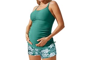 Maacie Maternity Athletic Tankini Swimsuits Two Piece Floral Print Ruched Tops with Shorts