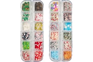 LOPURO 2 Boxes Christmas Nail Art Slices, 3D Xmas Polymer Clay Mini Slices Snowflake Santa Claus Candy Can Resin Making Flakes Charms Colorful Nail Art Supplies for DIY Crafts Lip Gloss Cellphone Decoration