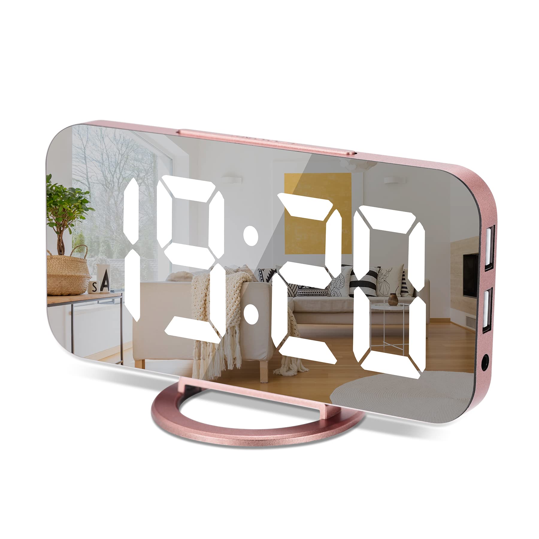 Digital Clock Large Display, Alarm Clock with Dimmable Led Display, Alarm Clocks Bedside with 3 Levels Brightness, Dual USB Ports, Alarm, Snooze, Modern Decoration for Home Bedroom Decor-Rose Gold