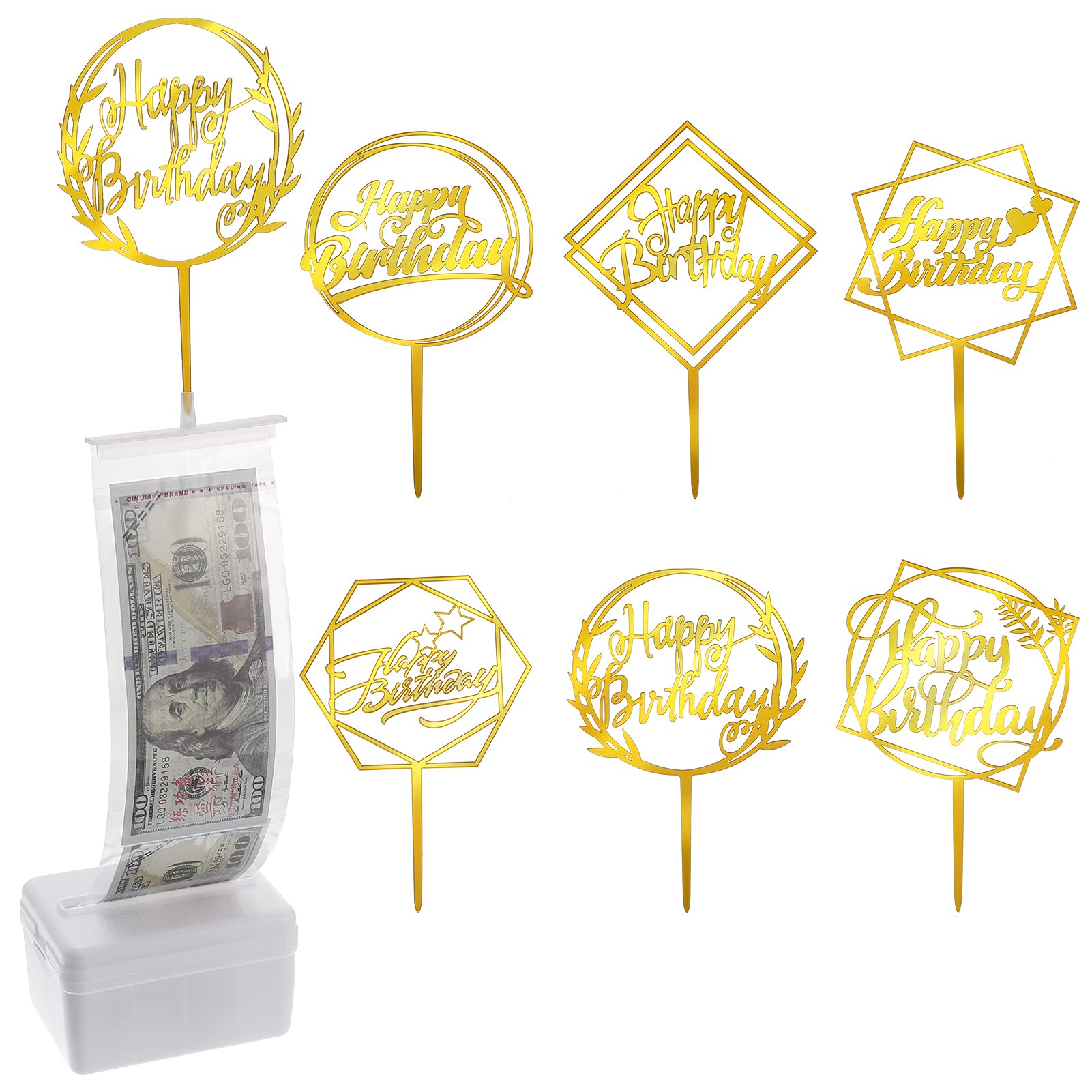 Photo 1 of JOELELI 107 Pieces Cake Money Box Kit, 6 Pieces Happy Birthday Cake Topper,100 Pieces Clear Bags Connected Pockets, Cake Money Pull Out Kit for Birthday Party Gift, Cake Decoration(Gold)