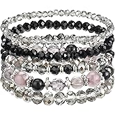 Tweruna 5 PCS Colorful Boho Bracelets Stack, Black Stacked Bracelets for Women, Crystal Glass Beads Stretch Bracelet for Jewelry Birthday Gifts