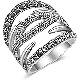 Mytys Black Onyx Stone Rings for Women Marcasite Vintage Cocktail Statement Rings Silver Chunky Crystal Antique Retro for victorians Jewelry Gift