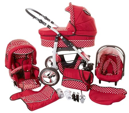Chilly Kids Dino 3 in 1 Kinderwagen Set (Autosit & Adapter, Regenschutz, Moskitonetz, Schwenkräder) 35 Rot & Weiße Punkte