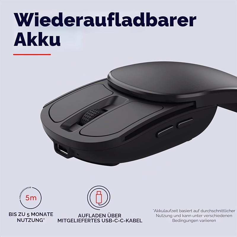 Zylo Faltbare Funkmaus für Laptop, 1000-2400 DPI, Schwarz