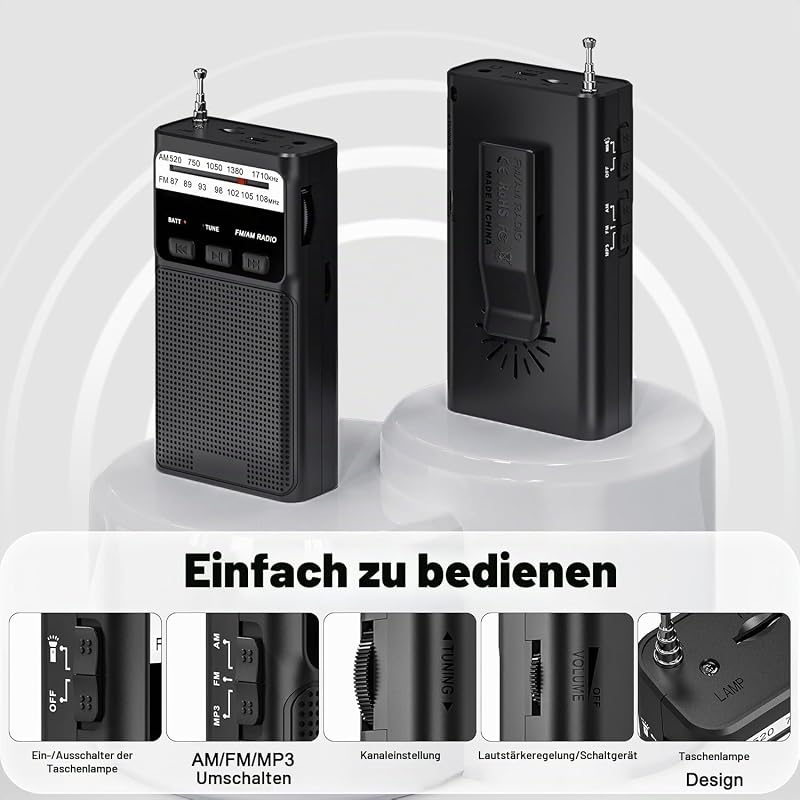 kleines Radio, AM/FM Radios, Taschenradio mit Rückenclip, (Schwarz) — Foto 3 von 7