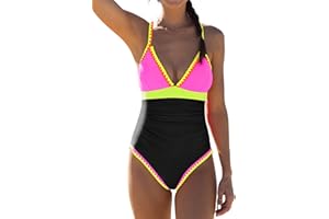 popvil Neon Color Block One Piece Bathing Suit for Women Tummy Control V Neck Swimsuit Plunge Shell Trim Swimwear Tie Back
