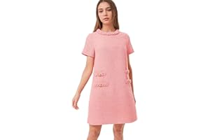 SeeLuNa Women's Tweed Dress Short Sleeve Crew Neck A-line Party Vintage Mini Skirt Causal Dresses