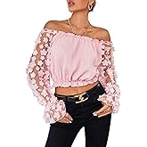 LYANER Women's Off Shoulder Floral Mesh Long Sleeve Ruffle Trim Crop Blouse Top