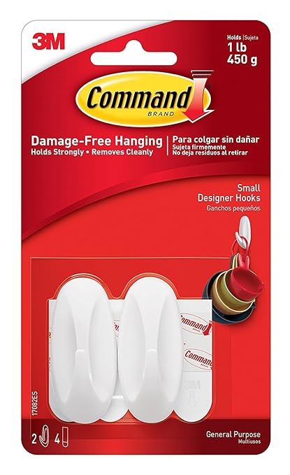 Command - 17082 Designer Small Hooks, Holds 450 gm, (2 hooks, 4 strips), No Drilling, Holds