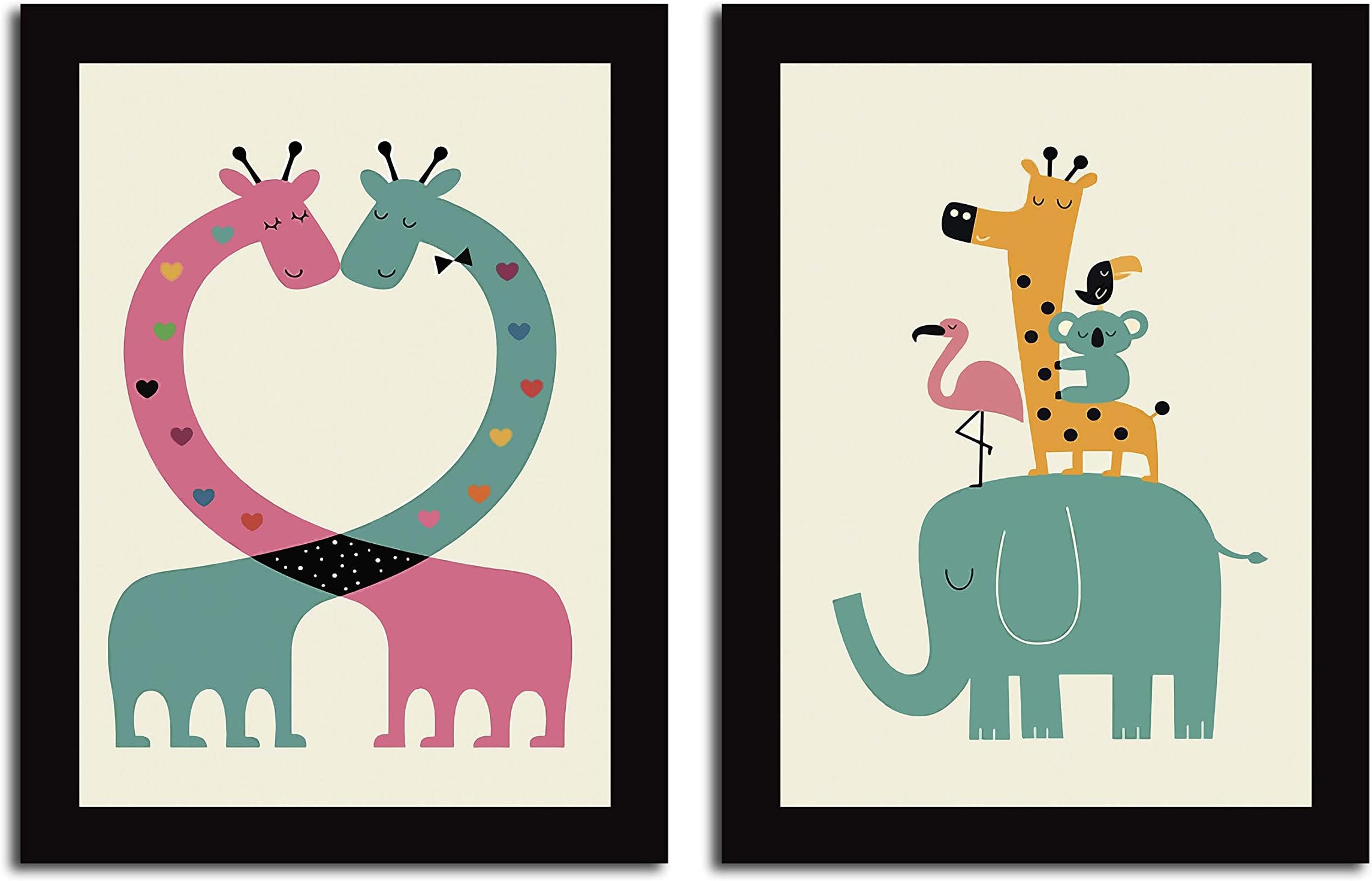 Painting Mantra- Cartoon Animal Theme 2 Poster Set with Frame for Kids Room -13.5x 17.5 inchs