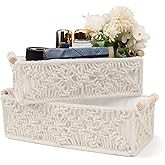Hobychild Macrame Storage Baskets Boho,Toilet Paper Basket with Wood Handles,Handmade Woven Decorative Countertop Toilet Tank Shelf Cabinet Organizer for Bedroom Livingroom Home, Set of 2, Ivory