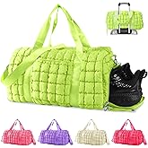 Quilted Gym Duffle for Women - Travel Bag with Shoes Compartment, Puffer Weekender Overnight Carry On with Trolley Sleeve - Personal Item Sports Dance Bag (Light Green)