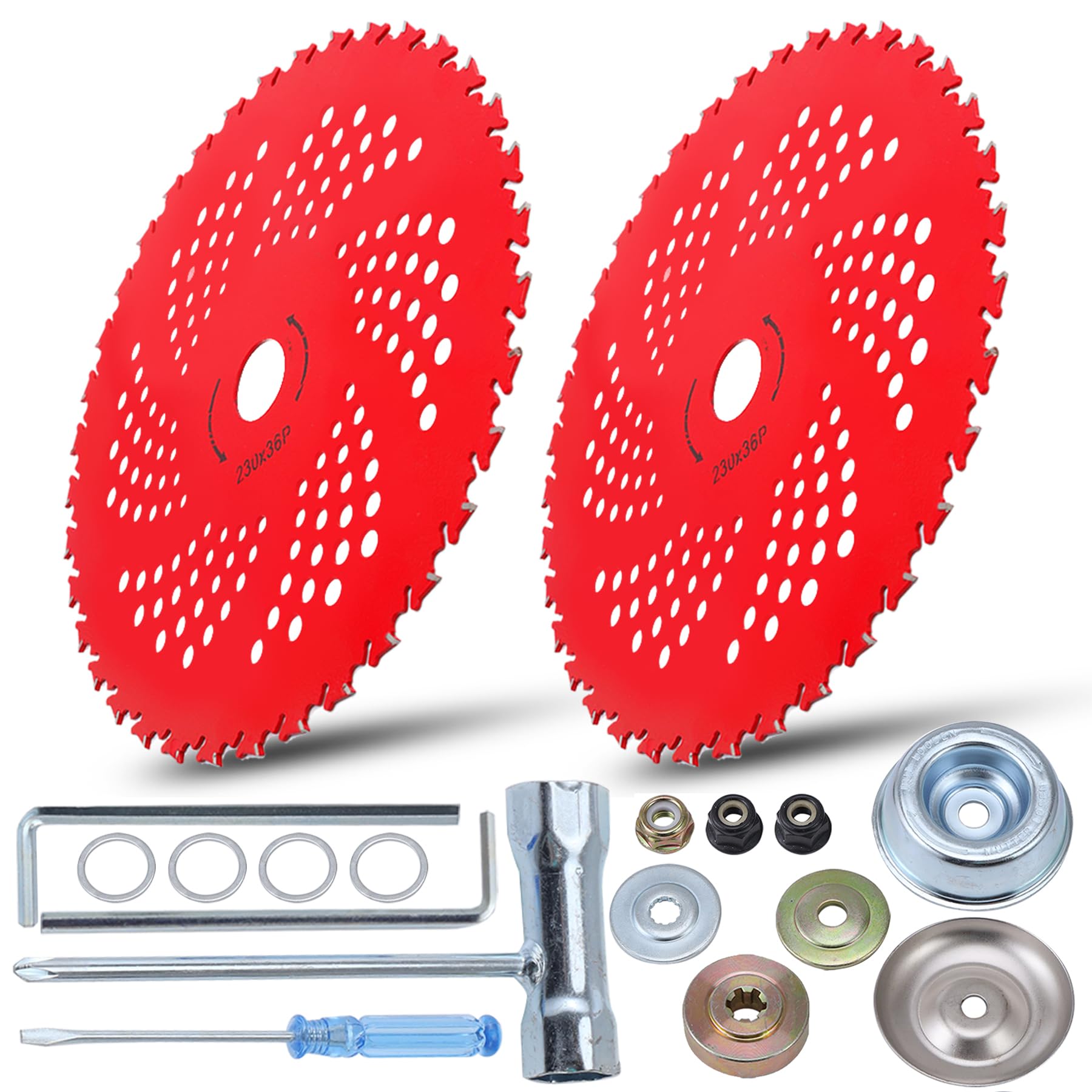 Photo 1 of PLAXNS 2pack 9" x 36 Teeth Carbide Tipped Brush Cutter Blades,Universal Weed Eater Blades Metal with Universal Adapter Kit, for Brush Cutter, Trimmer, Weed Eater