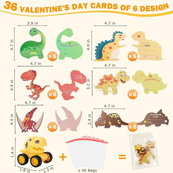 36 PACK VALENTINES DAY CARDS FOR KIDS SCHOOL – 36 DINOSAUR PULL BACK CARS TOYS WITH VALENTINES CARDS FOR KIDS CLASSROOM- KID VALENTINE’S CLASSROOM EXCHANGE PRIZE TOY BOYS GIRLS VALENTINE PARTY FAVORS