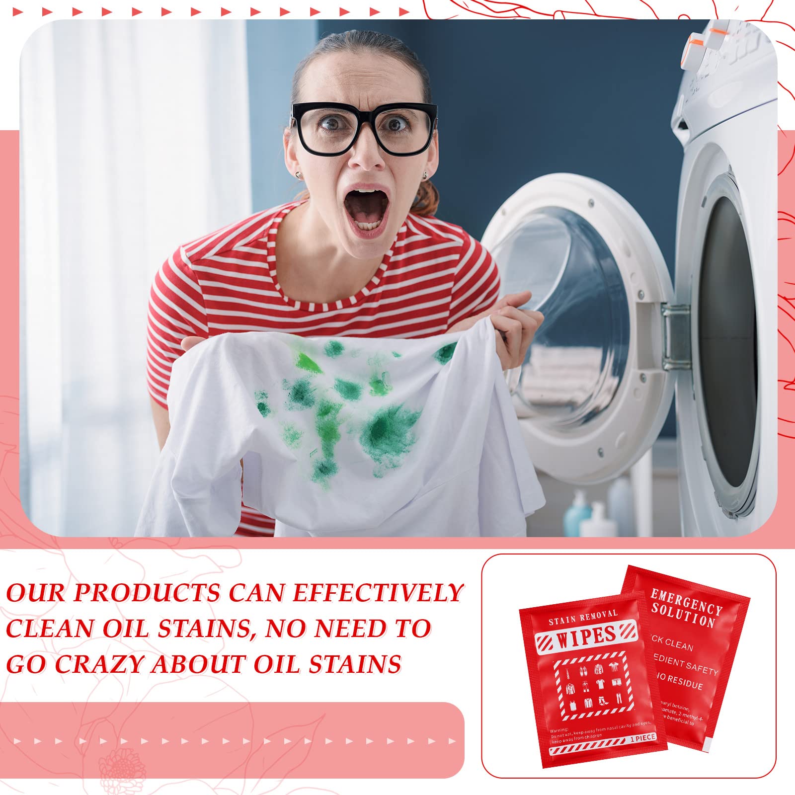 Timgle 200 Pcs Stain Remover Wipes Individual Wrapped Wipes Stain Remover Mini for Clothes Fabric Laundry Carpet Messy Eater Car Seat Upholster Clean (Red)