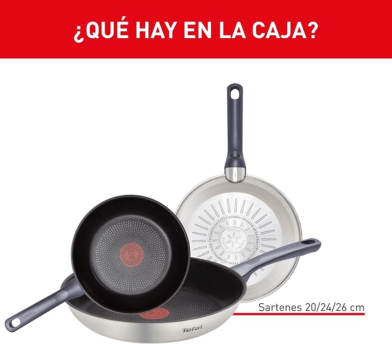 Tefal daily cook - conjunto de 3 panelas de aço inoxidável de 20, 24 e 26 cm, antiaderente, tecnologia thermospot, cozimento uniforme, todos os tipos de cozinhas, sem pfoa, cor preta.
