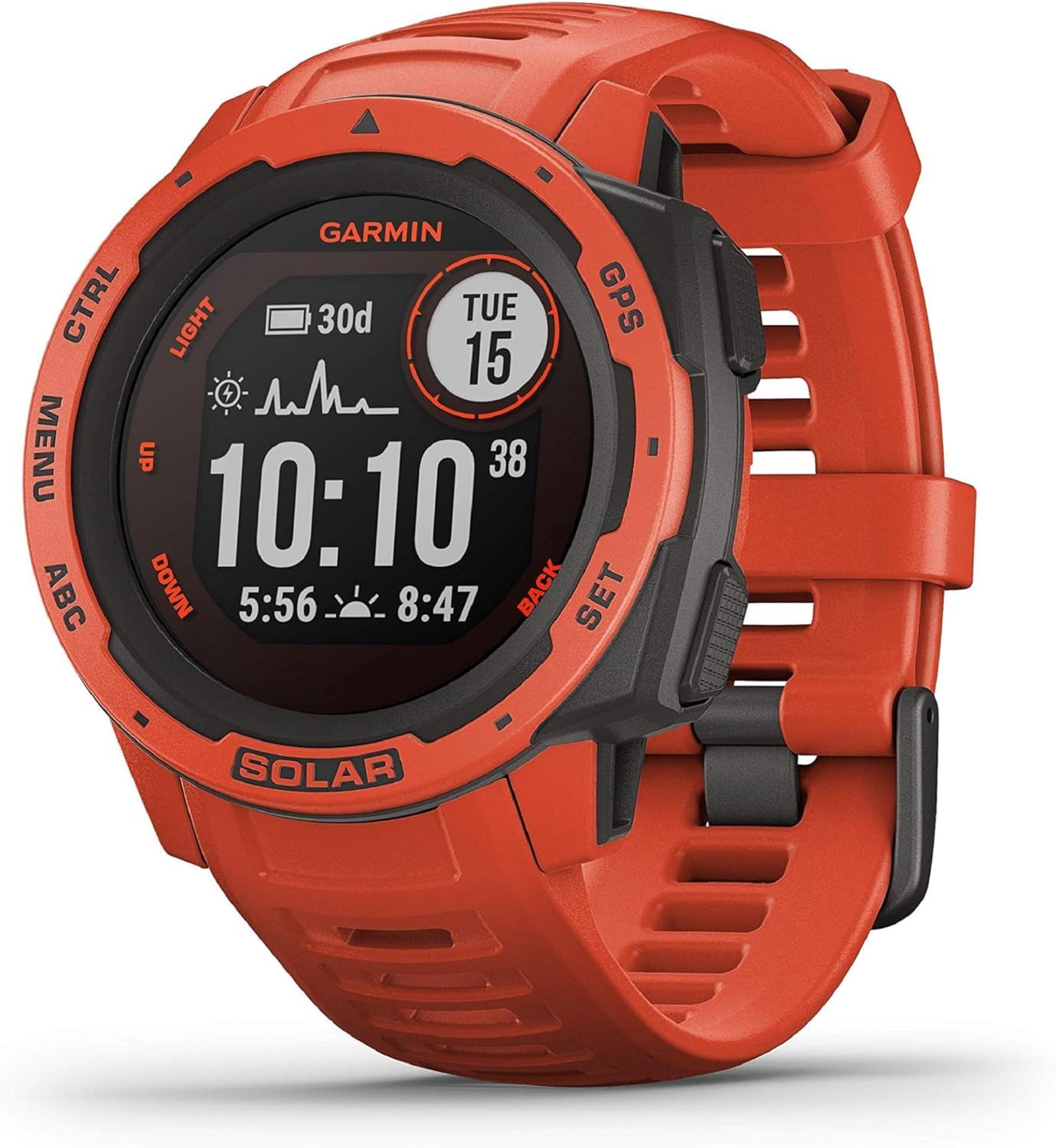 Garmin Instinct Solar, Solar-powered Rugged Outdoor Smartwatch, Built-in Sports Apps and Health Monitoring, Flame Red