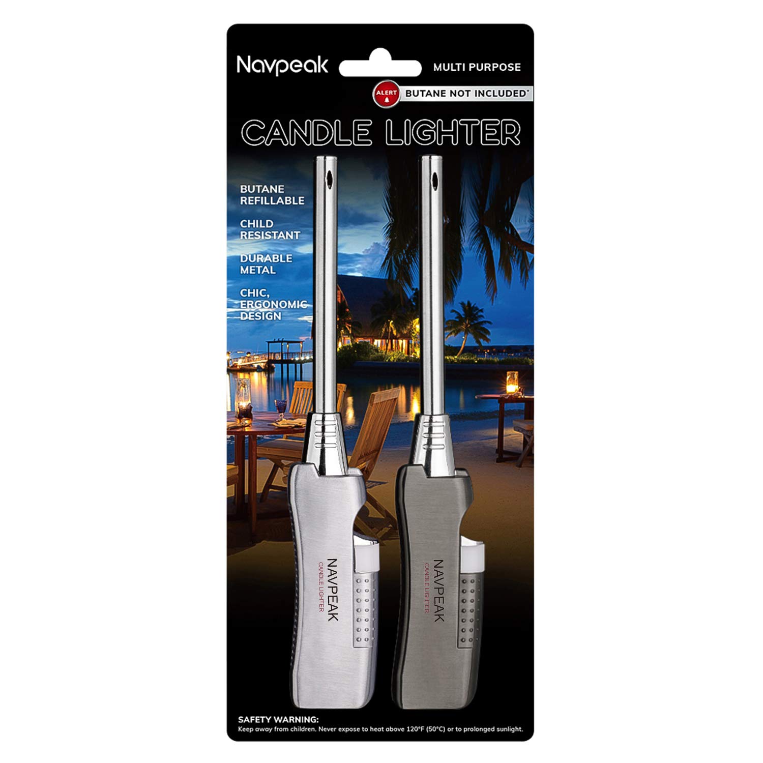 Navpeak Candle Lighter Multi-purpose for Kitchen Fireplace Pilot Light BBQ Stove 2 Pack (Butane Not Included) (Silver+Black) (Silver+Black)